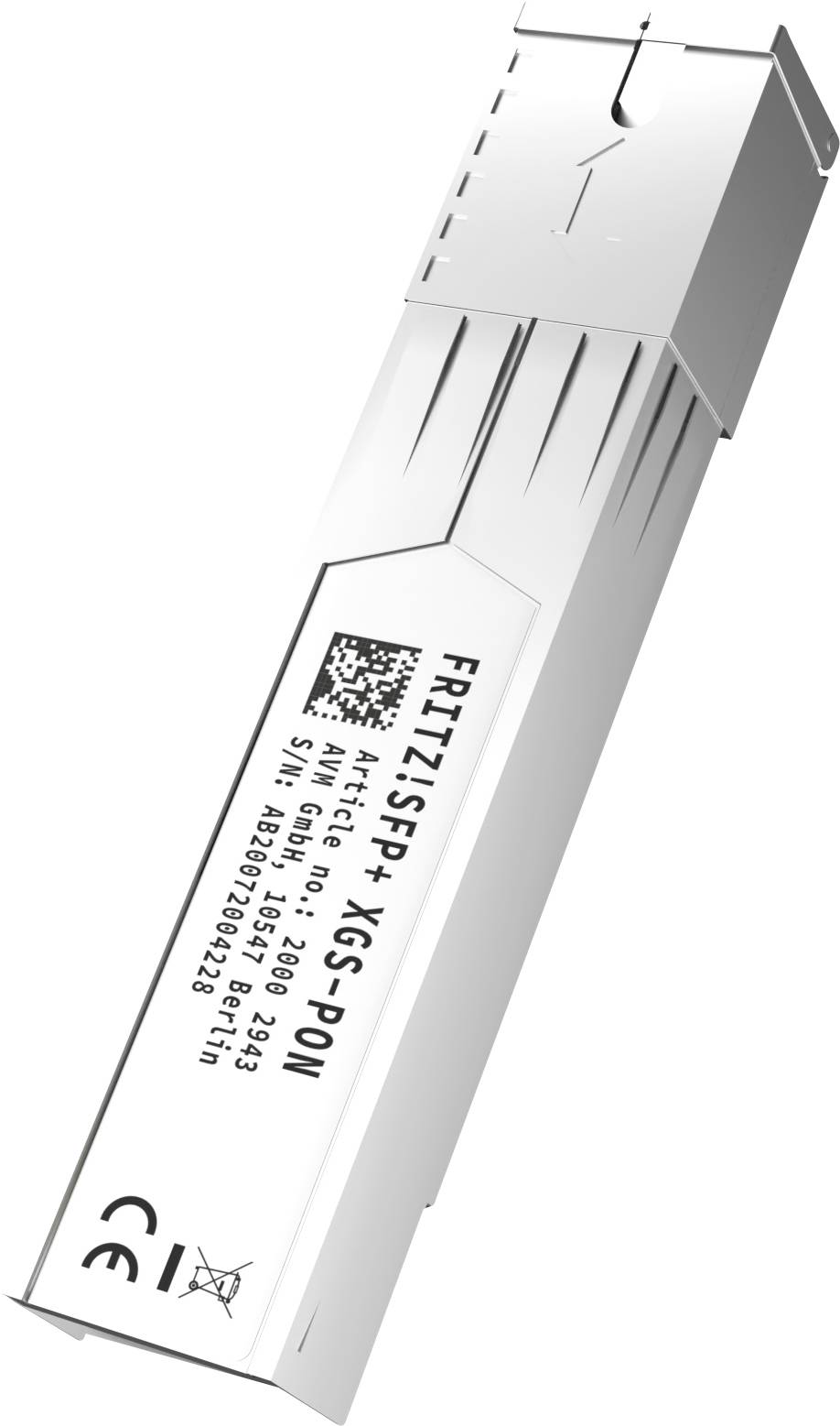 A close-up image of a fiber optic module labeled 'FRITZ!SFP + XGS-PON', with a serial number and CE certification mark visible.