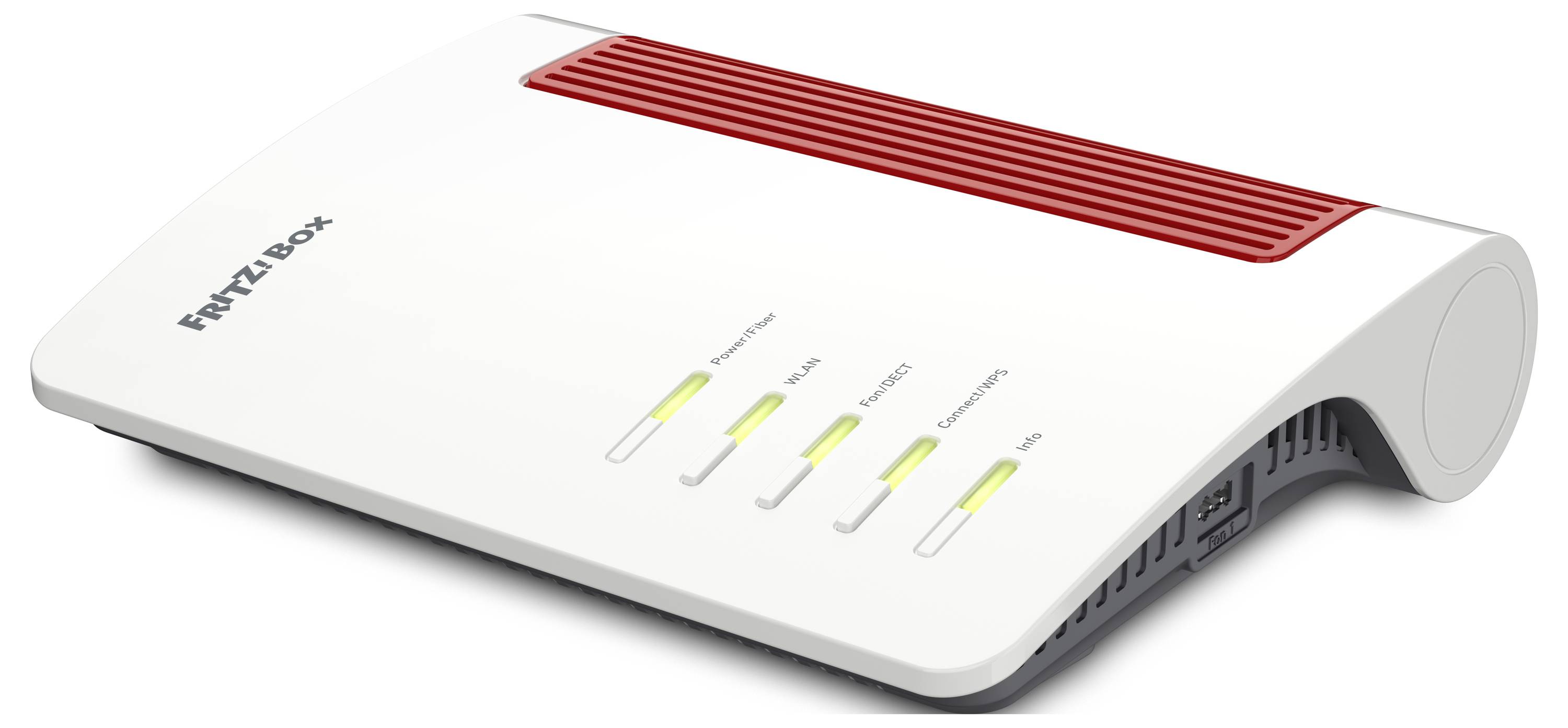 A white and red internet router with indicator lights labeled: 'Power/DSL', 'FON/DECT', 'WLAN', 'Connect/WPS', and 'Info'.