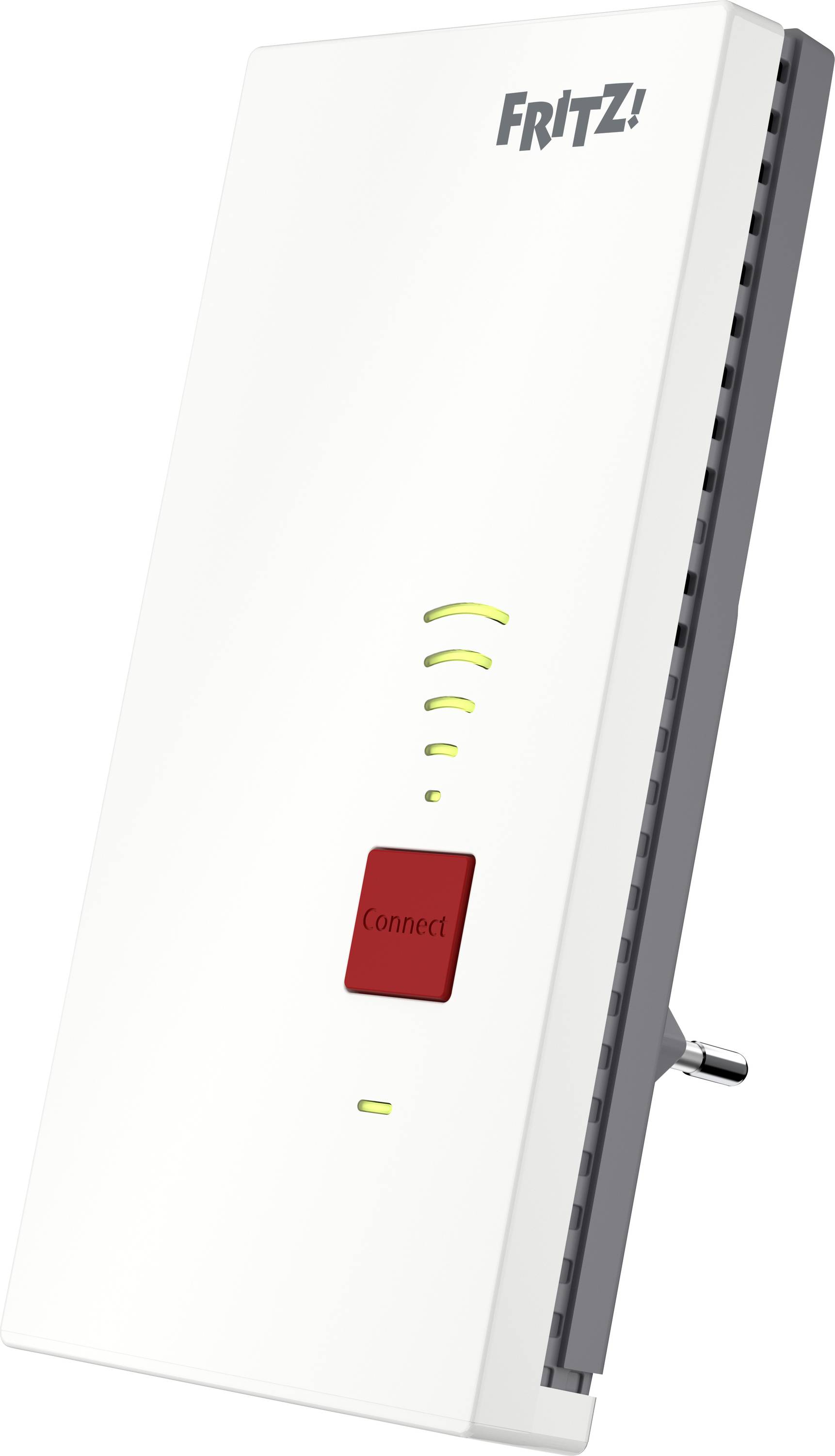 A white wireless extender with a red Connect button, LED indicators, and the text FRITZ! on the top.