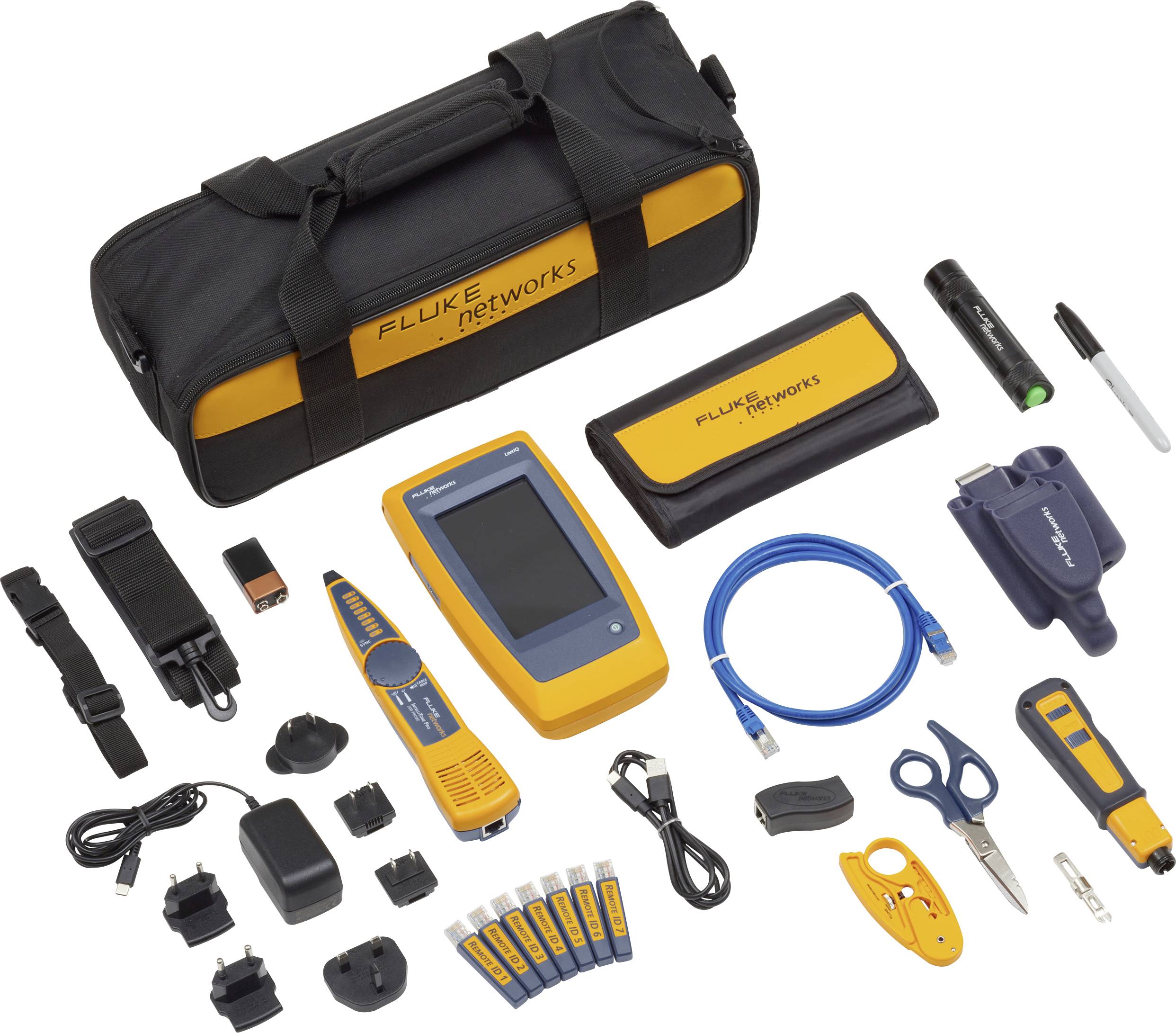 Fluke Networks network installation and maintenance kit with tools including cable tester, scissors, cutters, carry case, and various accessories.