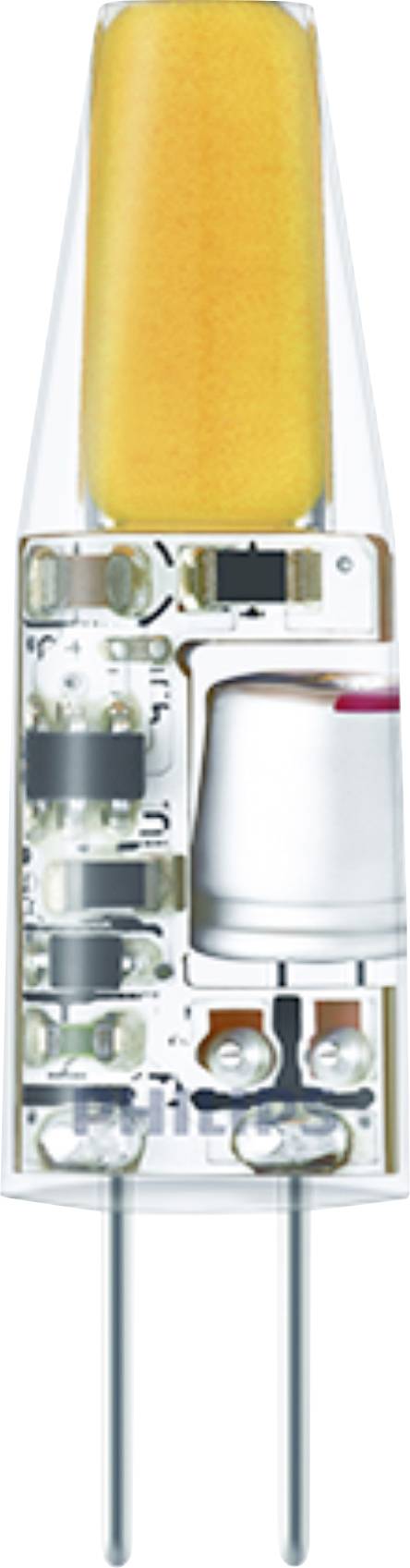 A close-up image of a small LED bulb with a transparent casing, revealing internal components and two metal pins at the bottom.