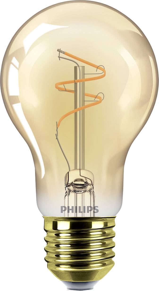 A Philips LED light bulb with a visible spiral filament inside and a golden screw base.