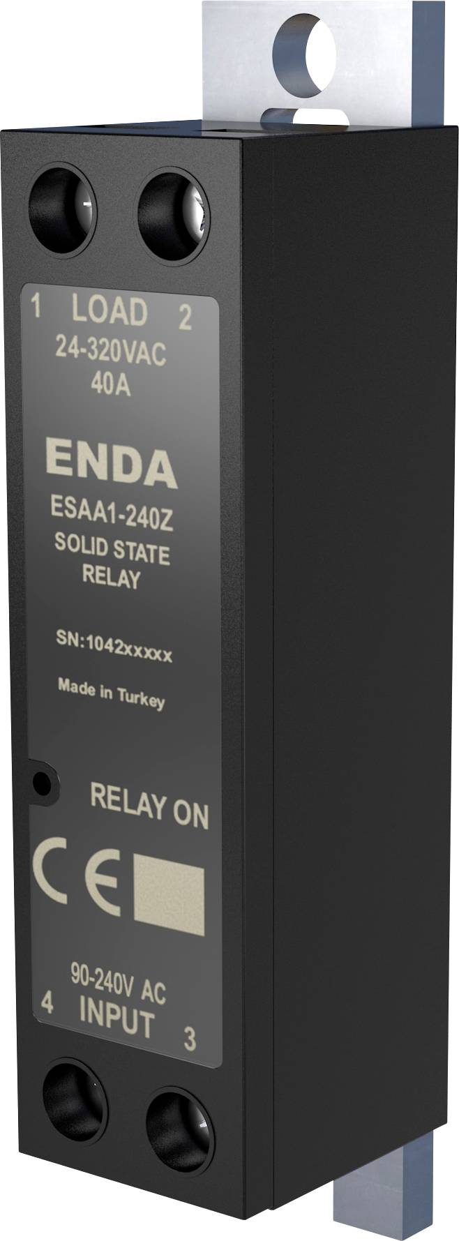 Solid-state relay labeled 'ENDA ESAA1-240Z', 24-320VAC, 40A load, with CE mark, 90-240V AC input shown mounted vertically.