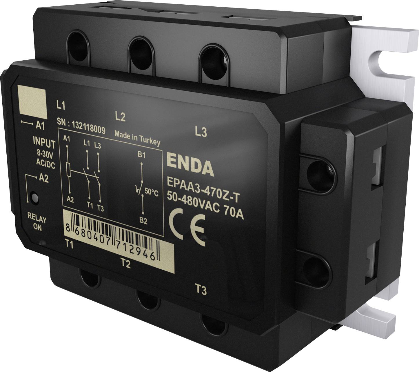 3-phase solid state relay, labeled 'ENDA EPAA3-470Z-T' for 50-480VAC and 70A, with input specifications of 8-30V AC/DC, three terminal connections.