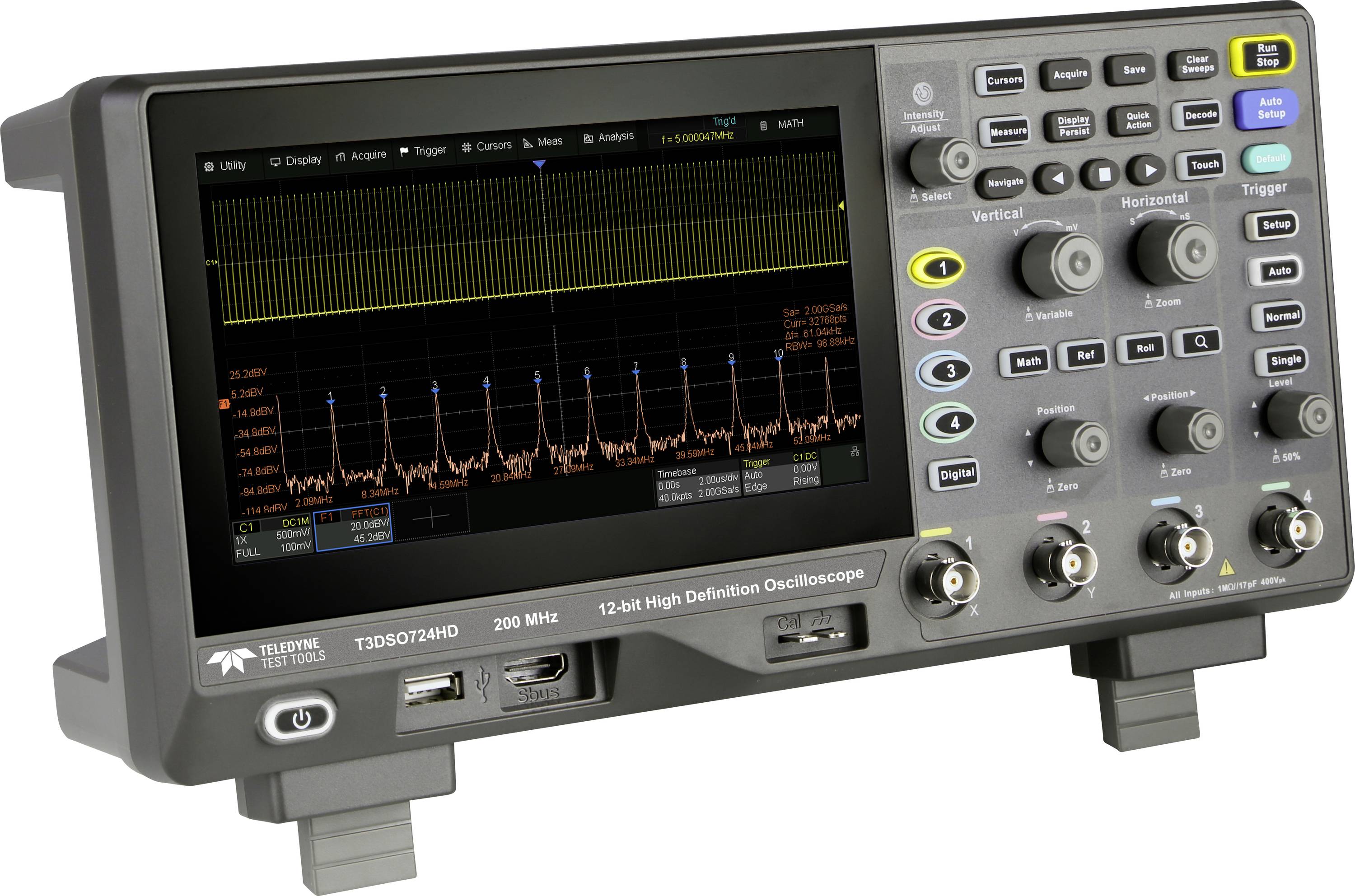 An oscilloscope displaying a waveform pattern on its screen, with labeled dials and knobs for vertical, horizontal, and trigger settings.