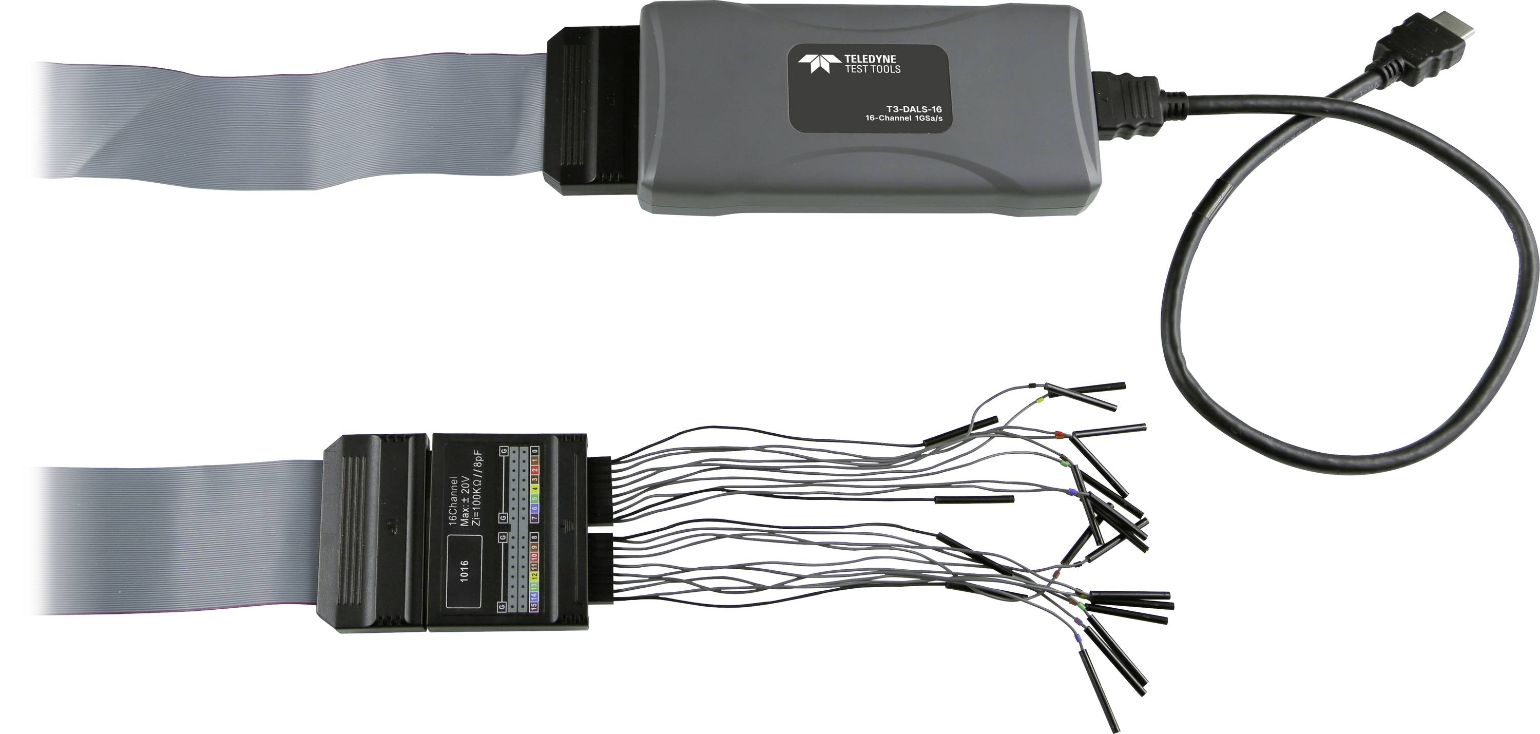 'Teledyne LeCroy LogicStudio' shown as a compact black and gray device with ribbon cables and multiple black wires extending from it.