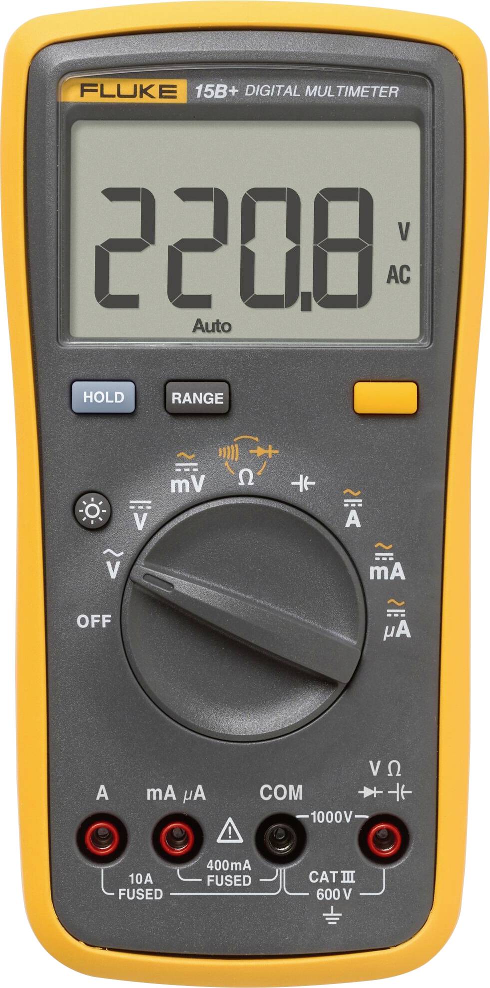 A digital multimeter screen shows a reading of 220.8 volts AC. The dial is set to measure voltage, with options for other measurements visible.
