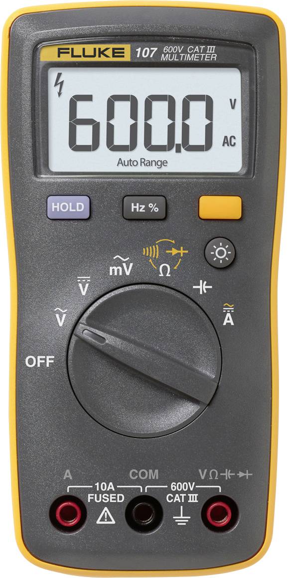 A digital multimeter displaying '600.0 V AC' with a rotary switch for measuring voltage, current, and resistance, and various input jacks.