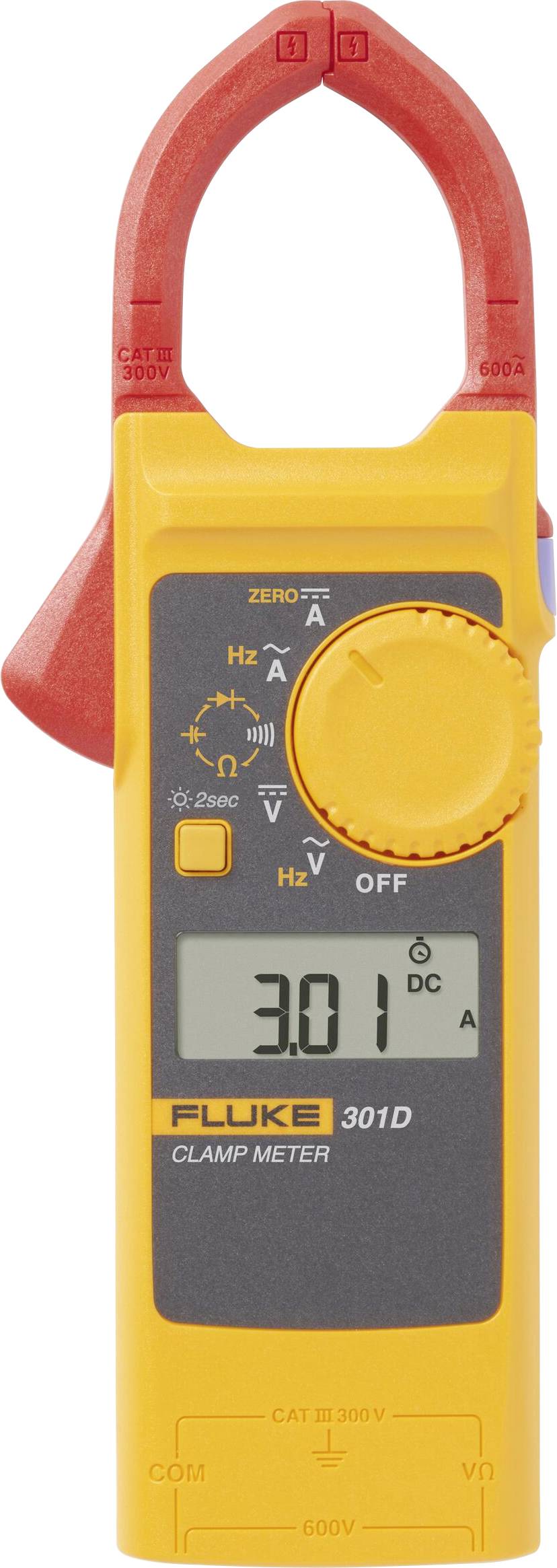 An orange and yellow clamp meter displays a reading of '3.01 DC A' on its screen. It features dials for different measurement settings.