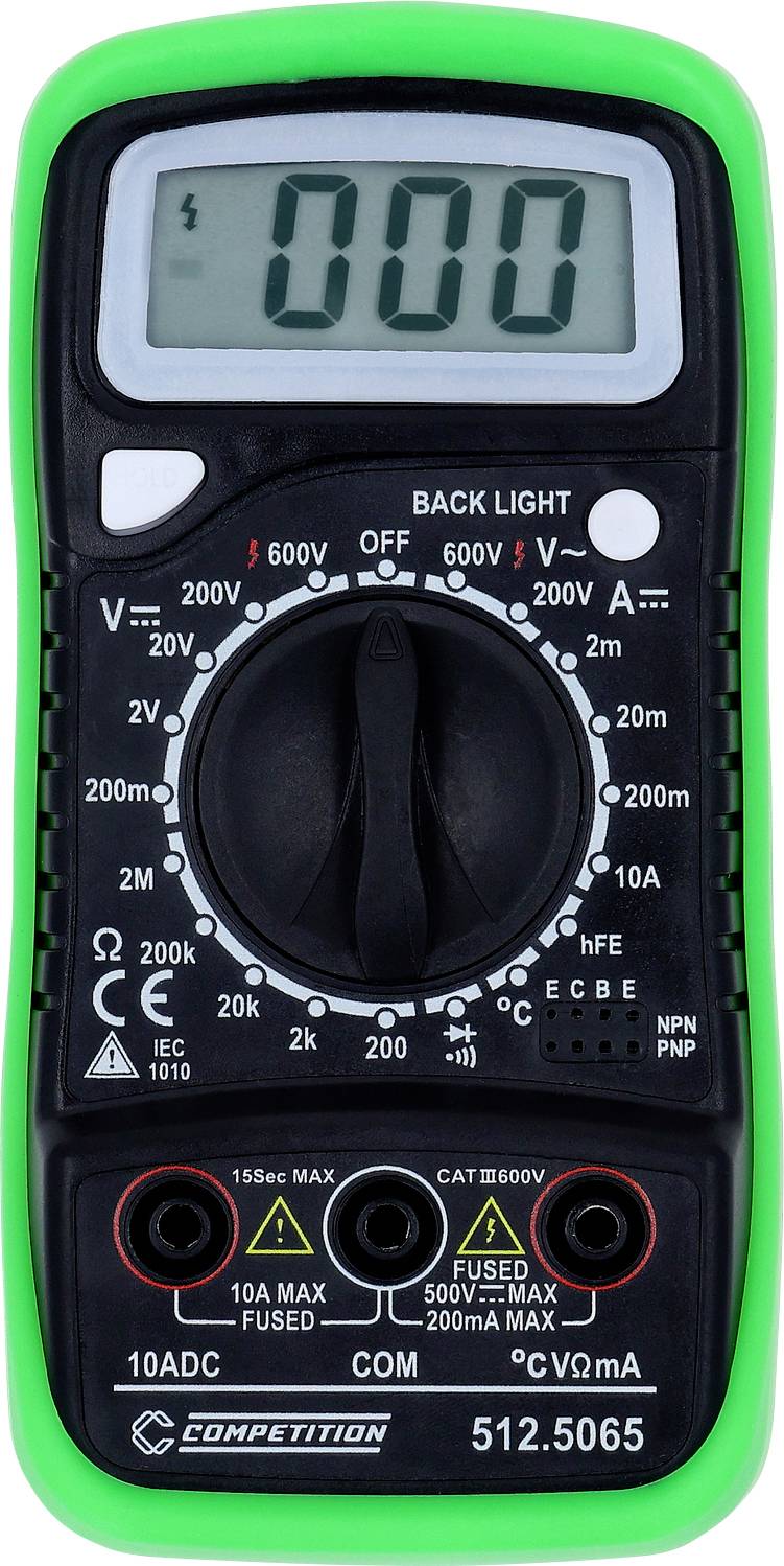 A digital multimeter with a green protective cover displays '000' on its screen. It has a rotary dial with various measurement settings.