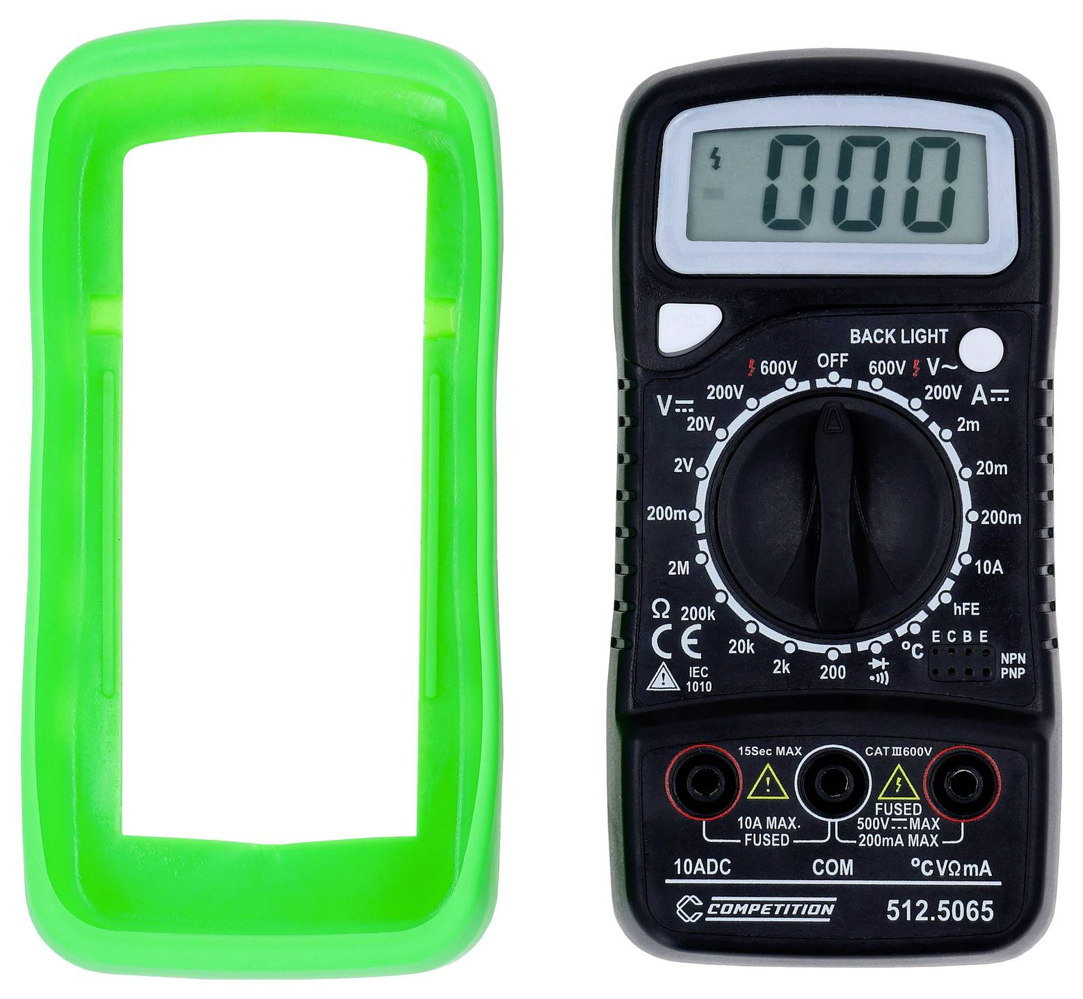 A digital multimeter with a protective green cover beside it, showing '000' on the display. Main dial set to off position.