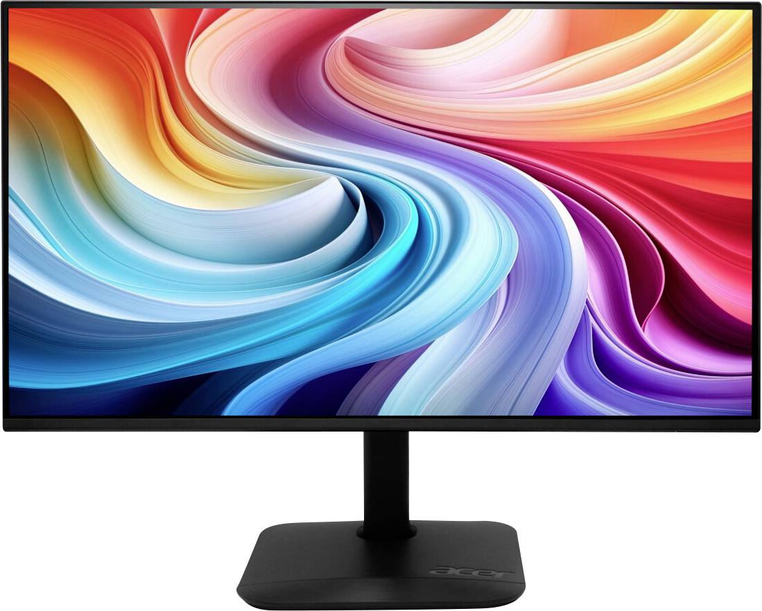 A computer monitor displaying a colorful abstract swirl of red, blue, orange, and purple hues.