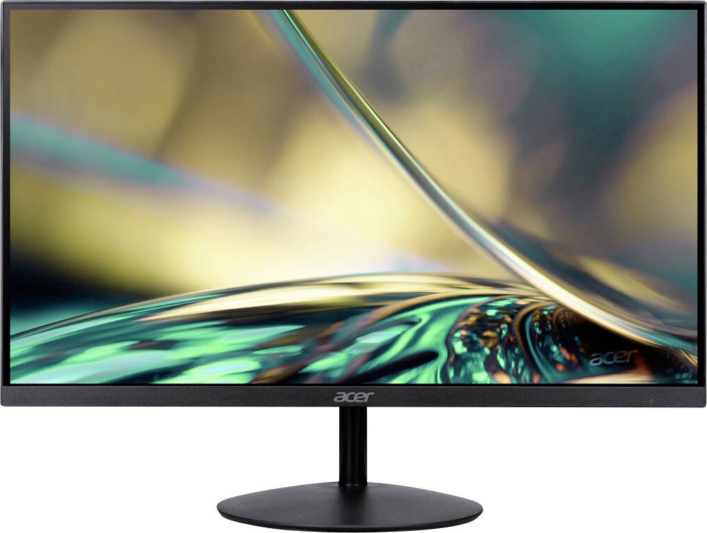 'Acer' computer monitor with black stand, displaying a vibrant, abstract swirl of green, gold, and black colors on the screen.
