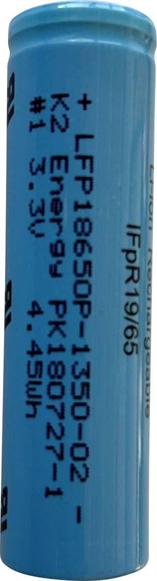 A blue cylindrical battery labeled '+LFP18650P-1350-02', 'K2 Energy', with specifications '3.3V', '4.45Wh'.