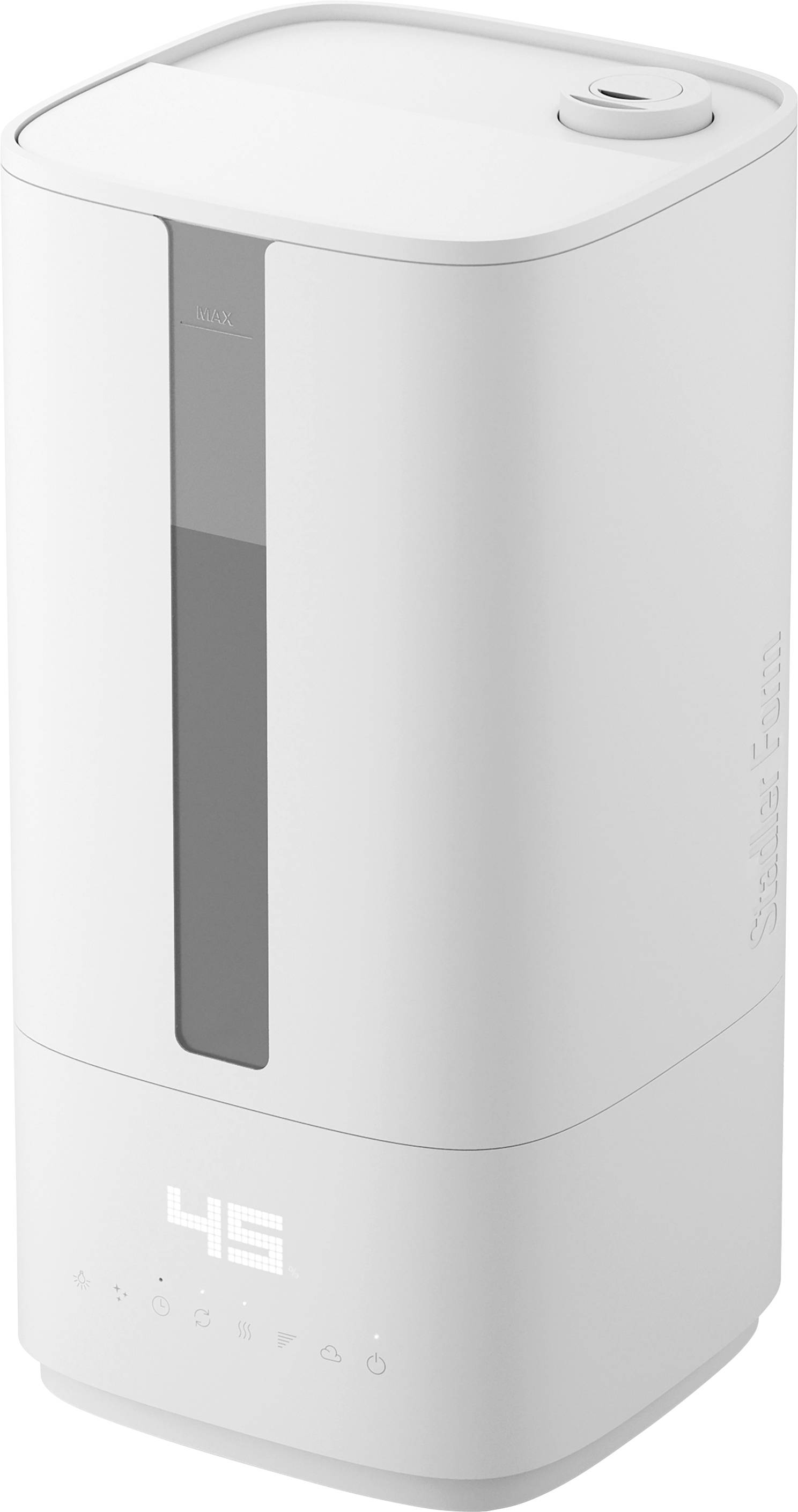 A modern, white rectangular air humidifier with a digital display showing '45'. It has a small top opening and a vertical water level indicator.