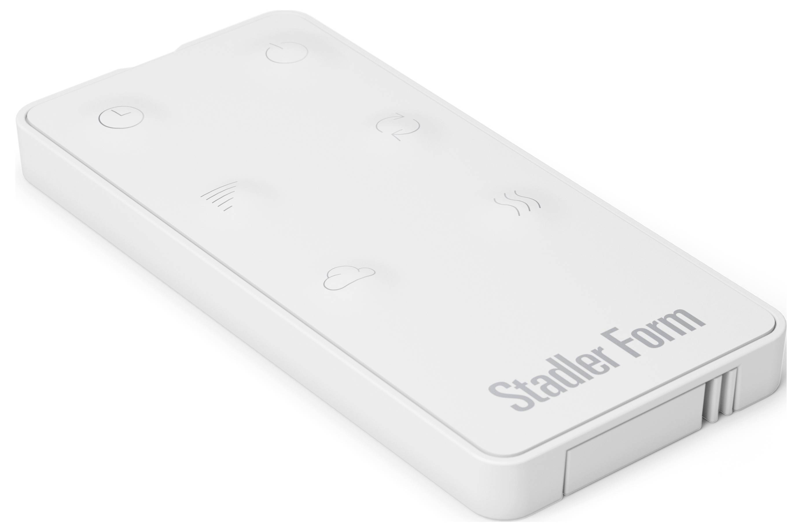 Rectangular white remote control with raised buttons and 'Stadler Form' logo. Features include power, fan, wave, and cloud symbols.