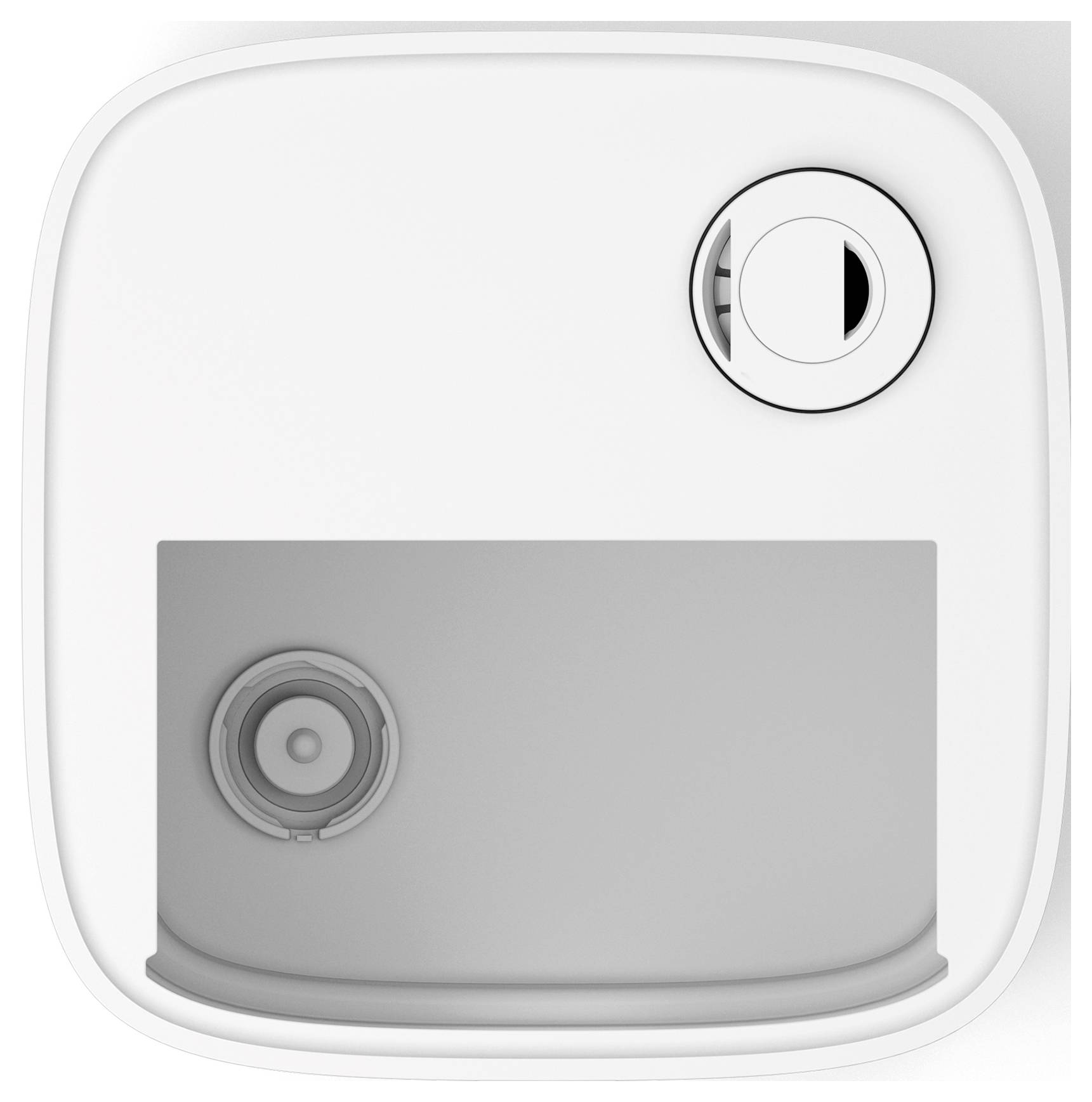 A square white device with a circular dial and a compartment on its surface, possibly a water heater or filtration system component.