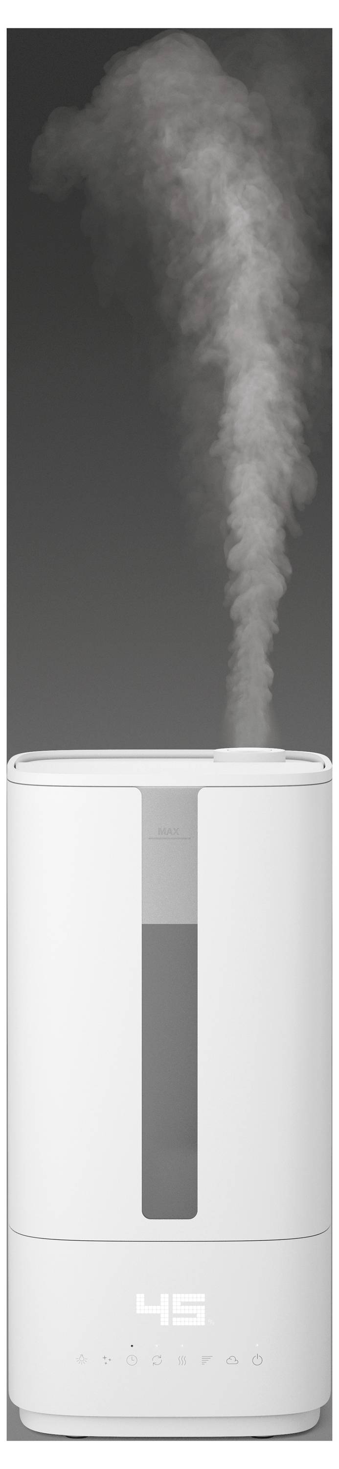 A white humidifier releasing mist, with a digital display showing '45' at the bottom, indicating humidity level.