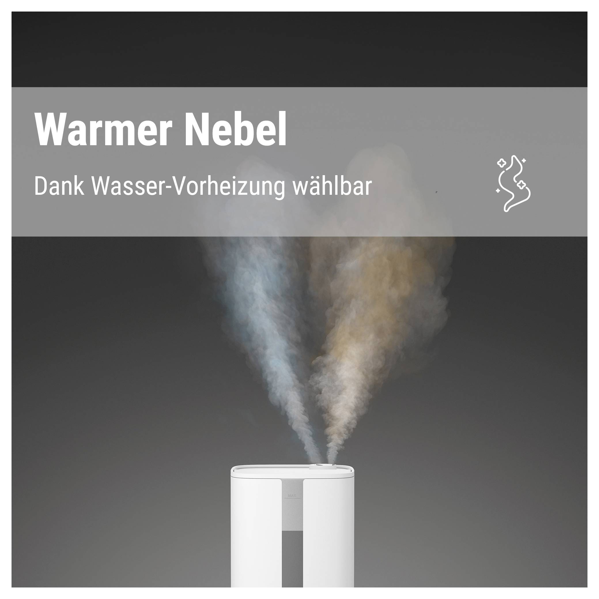 A humidifier generates blue and orange mist. Text on the image: 'Warm mist. Selectable thanks to water pre-heating.'