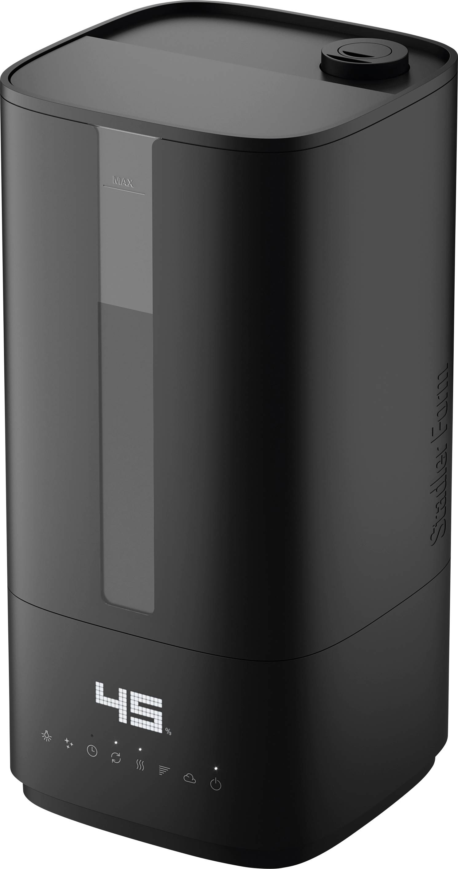 A sleek black humidifier with a digital display showing '45'. The top features a circular dial, and the unit has a water level indicator.