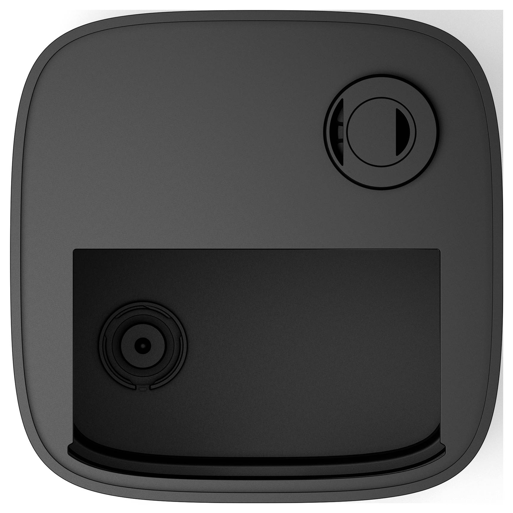 A black square electronic device with a sliding cover at the bottom and a circular button or lens in the top section.