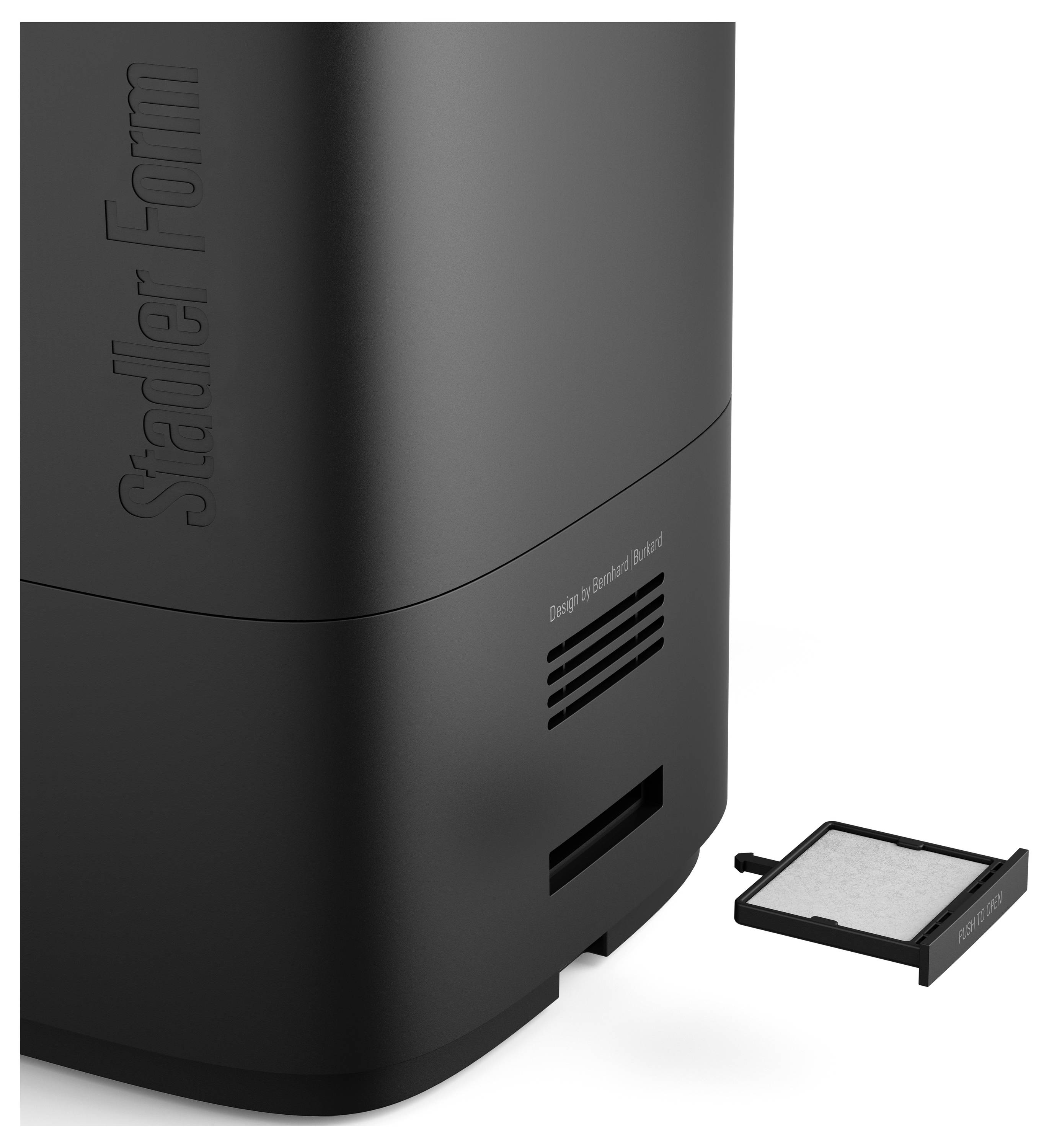 A black air purifier with a detached filter nearby, showcasing its removable design feature for easy maintenance.