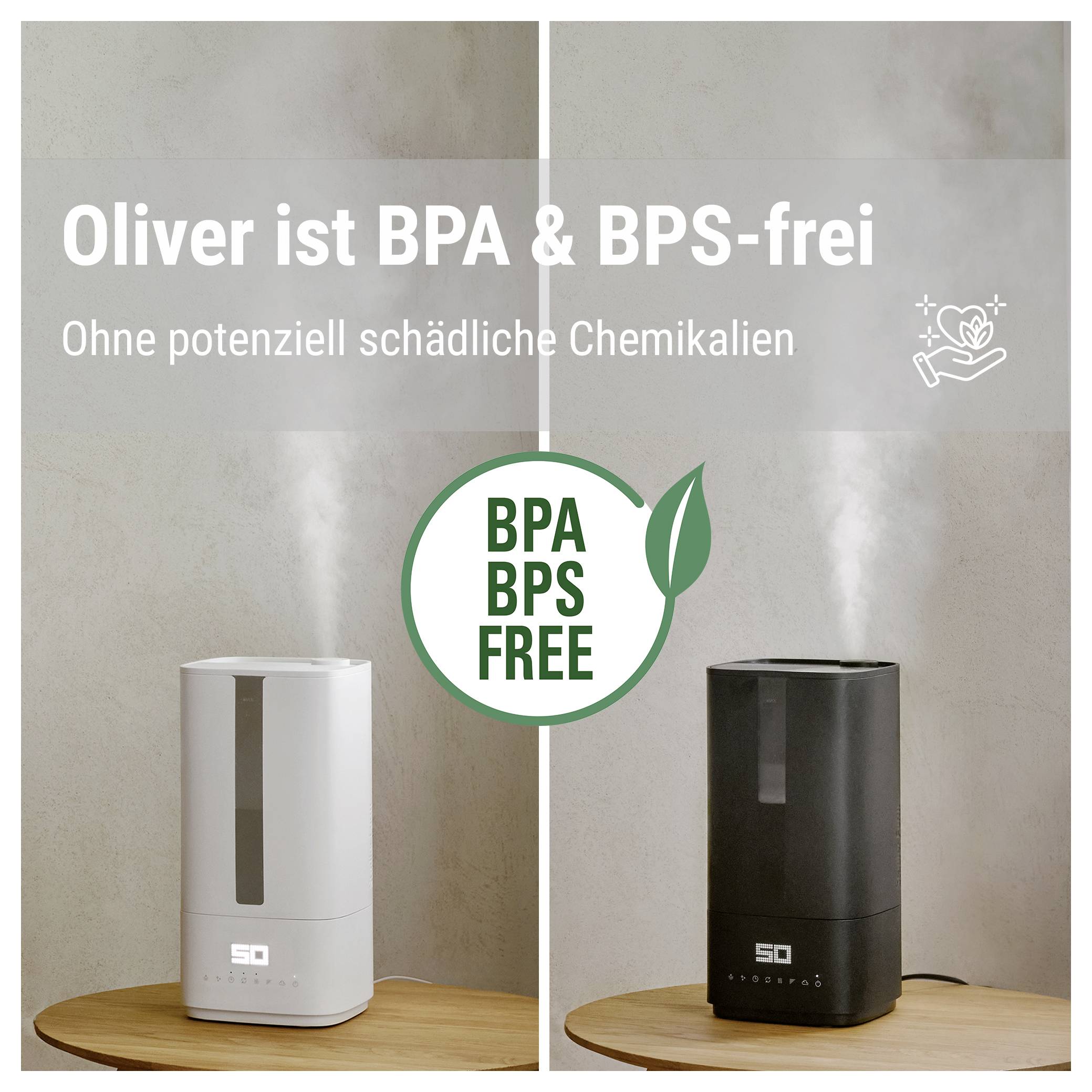 Two humidifiers, one white, one black, with the inscription 'Oliver is BPA & BPS-free'. Text emphasises chemical-free products.