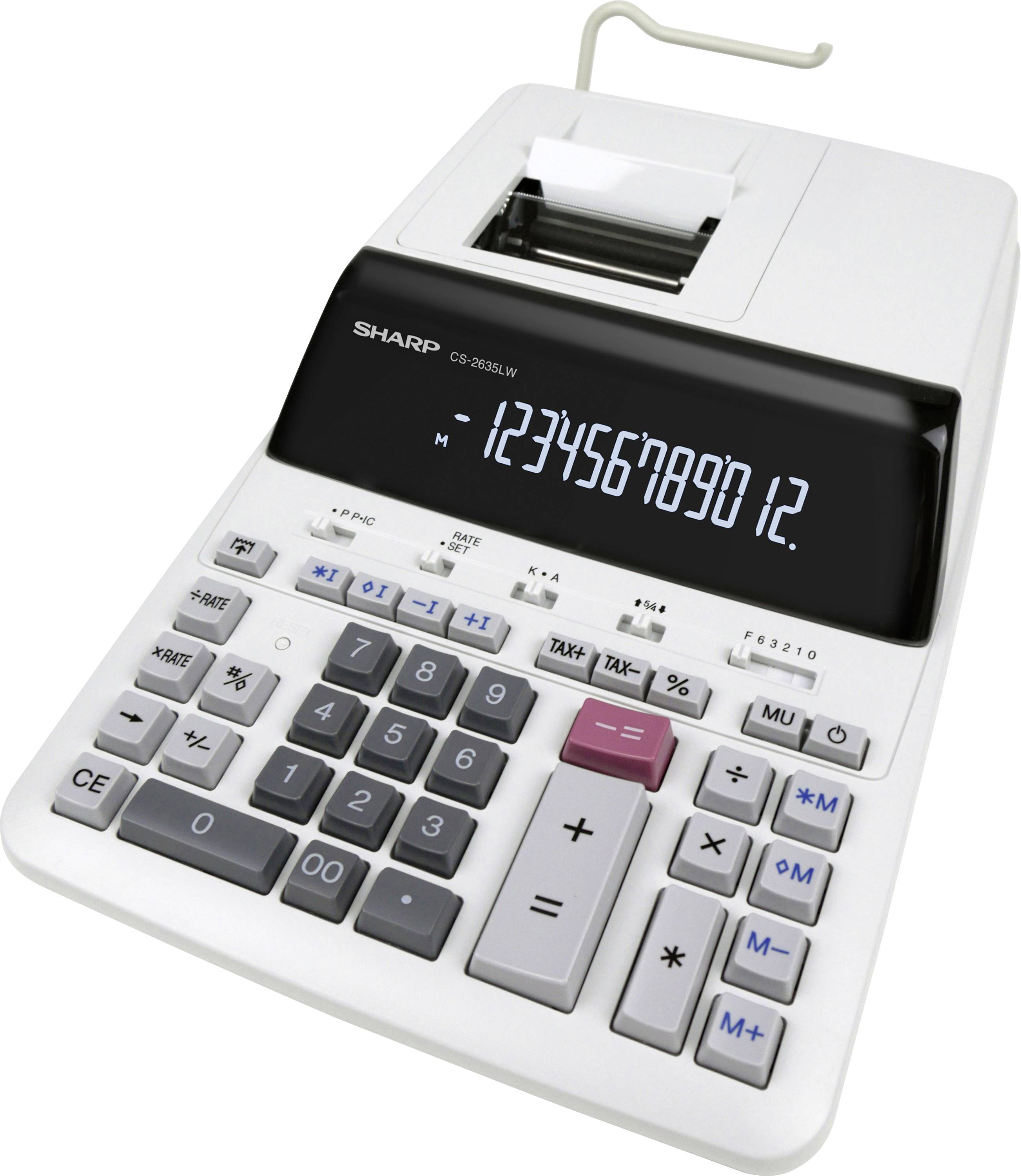 A white desktop calculator with a black digital display shows the numbers '123456789012'. It has a built-in paper roll for printing.