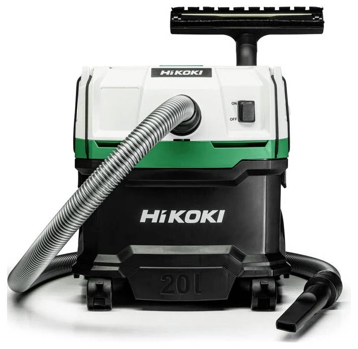 A Hikoki vacuum cleaner with a green and white body, flexible hose, and a 20L capacity, designed for indoor cleaning tasks.