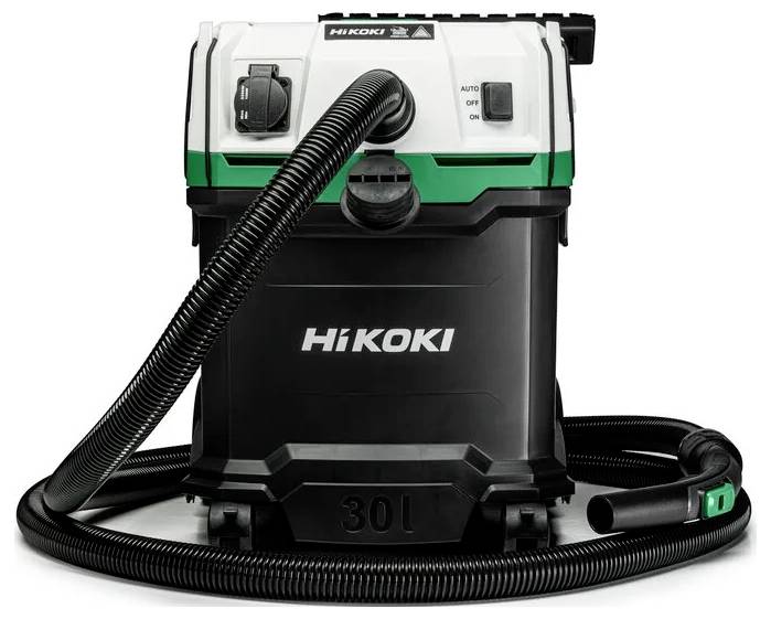 'HiKOKI' branded industrial vacuum cleaner with a 30L capacity, featuring a white top and black body, equipped with a flexible hose.