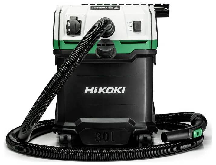 HiKOKI vacuum cleaner with 30L capacity, featuring a flexible hose and control switches on top, designed for industrial use.