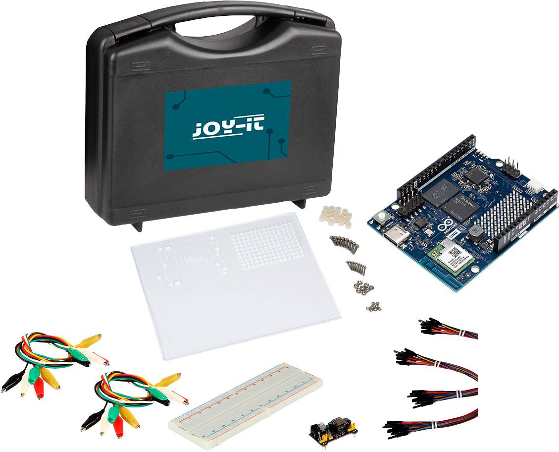 Electronics kit with a black carrying case, various wires, a breadboard, microcontroller, and small components for building circuits.