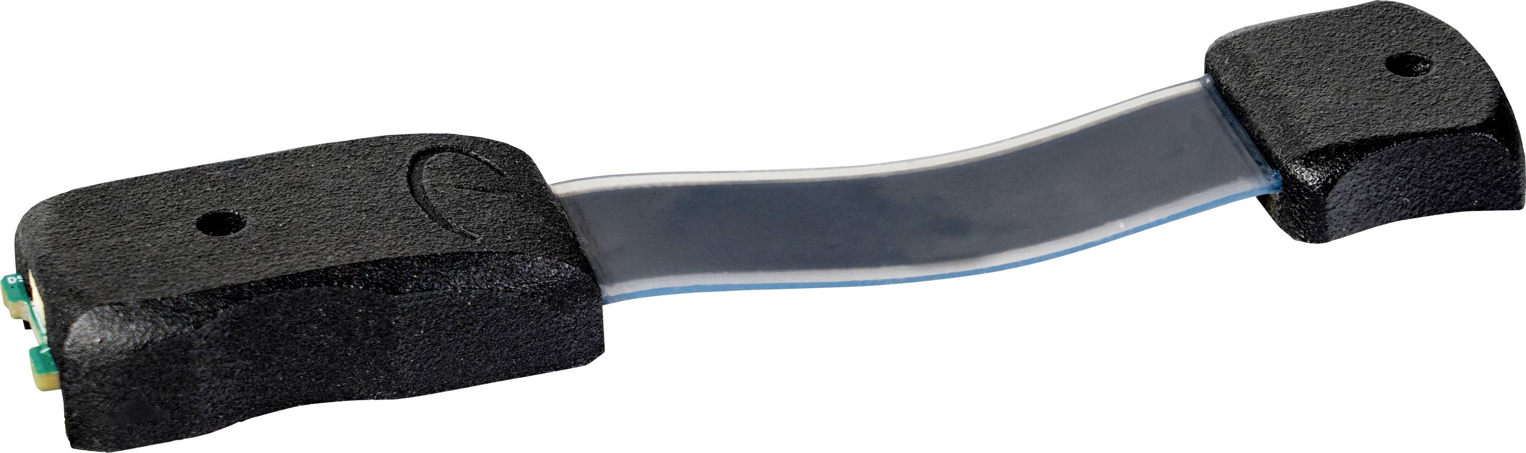 A flexible electronic connector with black plastic housings on both ends and a gray ribbon cable in between, used for wiring connections.