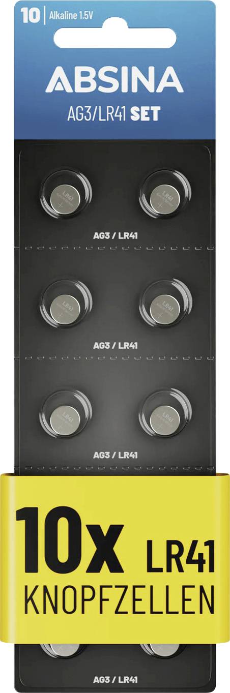 Pack of 10 ABSINA AG3/LR41 button batteries with 1.5V Alkaline, displayed in a blue and black packaging with yellow label.
