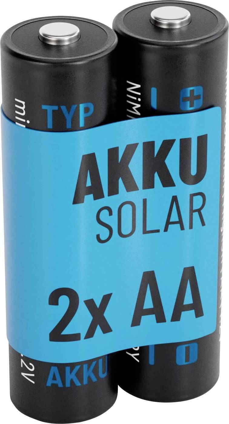 'AKKU SOLAR 2x AA' brand pack of two AA rechargeable batteries wrapped in blue label.