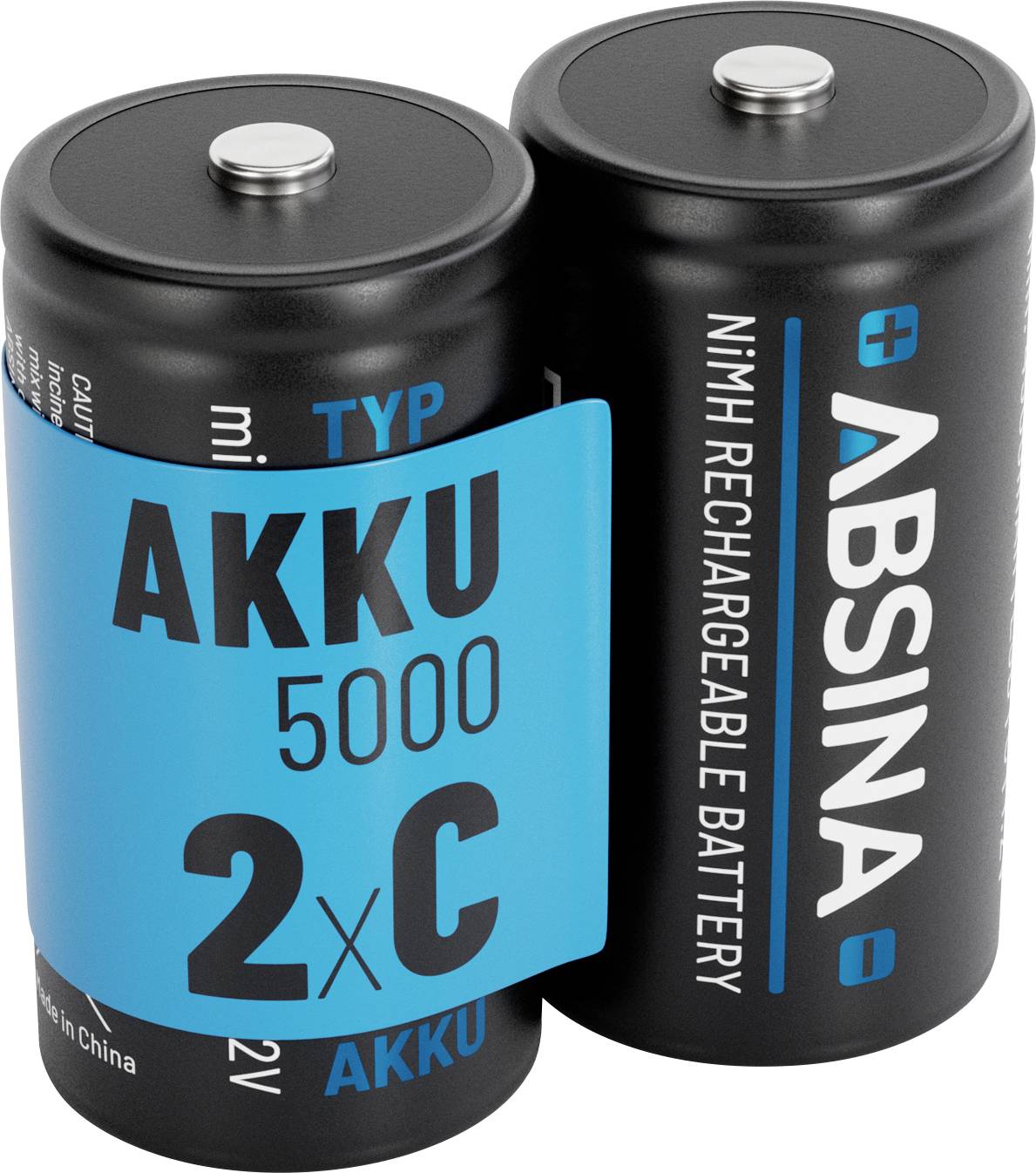 Two black cylindrical NiMH rechargeable batteries standing upright side by side. One battery is labeled 'AKKU 5000 2xC', other shows 'ABSINA'.