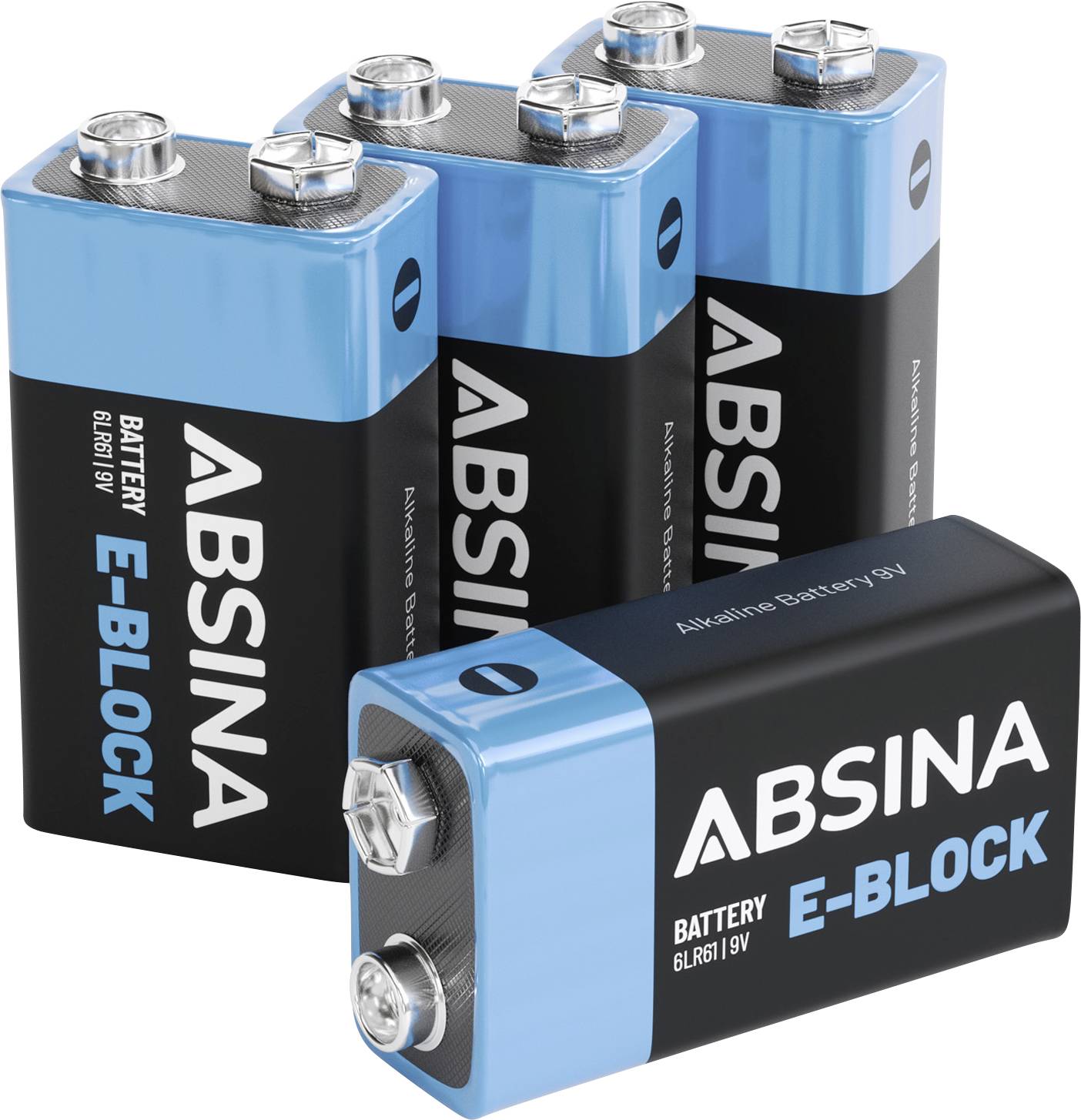 Four 'Absina E-Block' 9V alkaline batteries are shown, one positioned in front and upright, displaying brand, type, and voltage information.