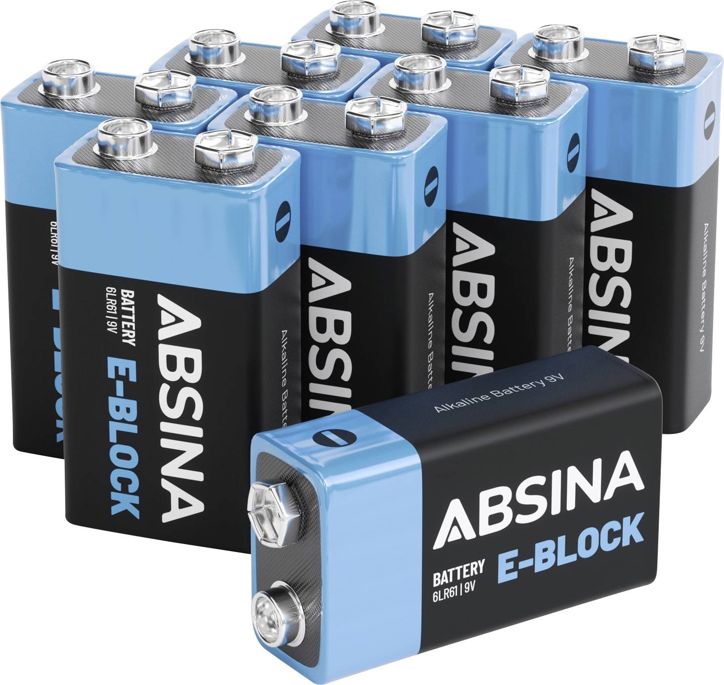 A group of eight blue and black 9V batteries labeled 'ABSINA E-BLOCK', with one battery lying flat in front of the others.