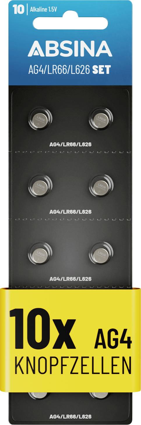 Package of 10 AG4 button cell batteries labeled 'ABSINA AG4/LR66/L626'.