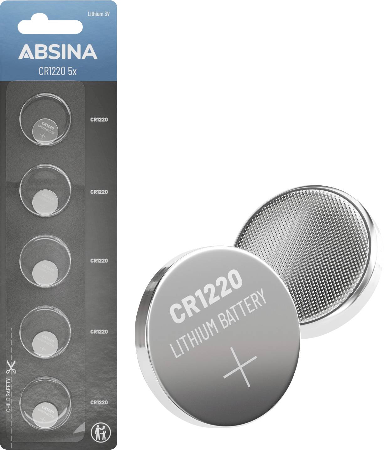 'ABSINA CR1220 5x Lithium 3V batteries' packaging is shown, displaying five batteries in a blister pack with one enlarged battery.