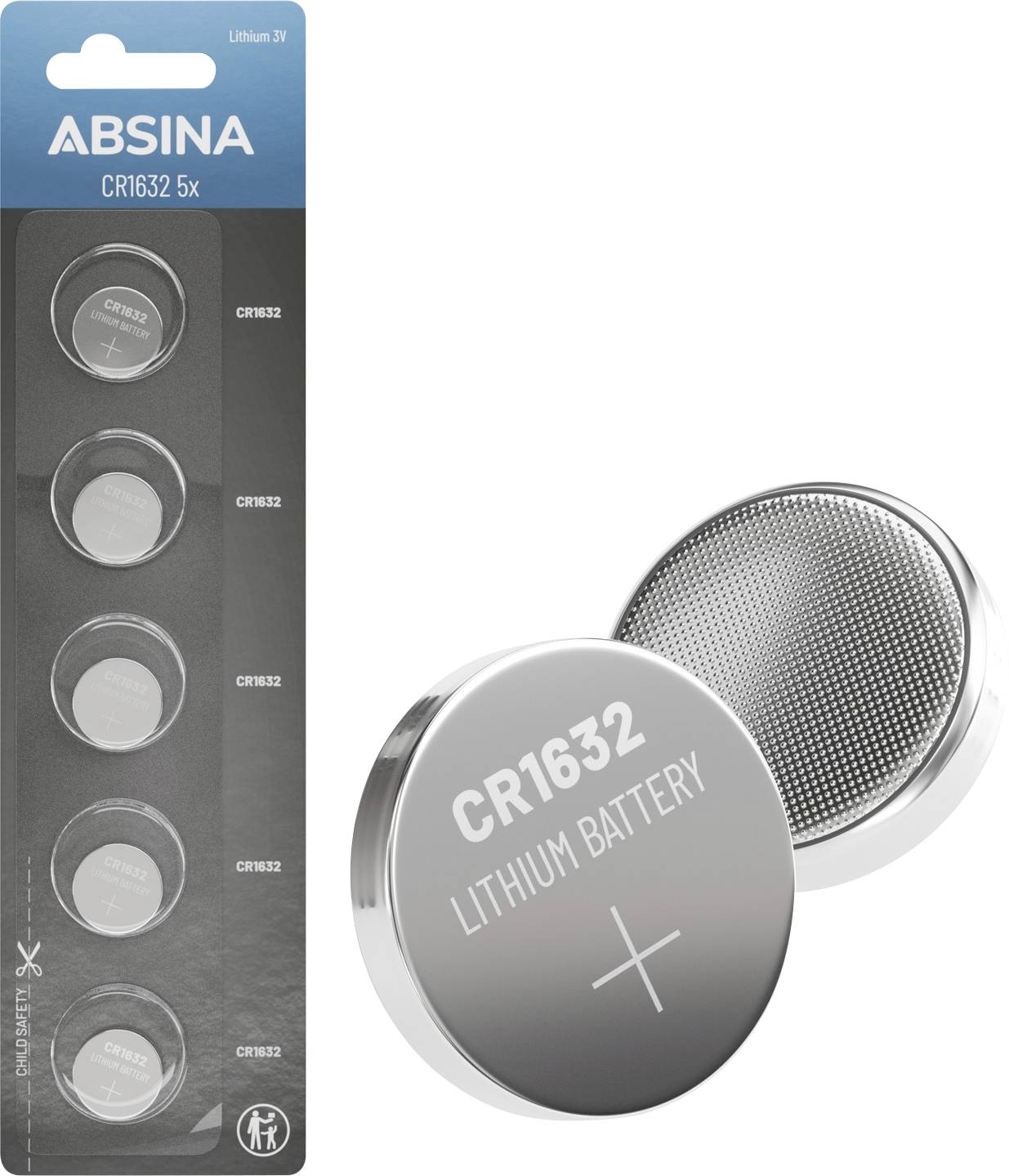 'ABSINA CR1632 5x' lithium batteries in a blister pack with five visible cells, and one loose battery showing 'CR1632 LITHIUM BATTERY'.