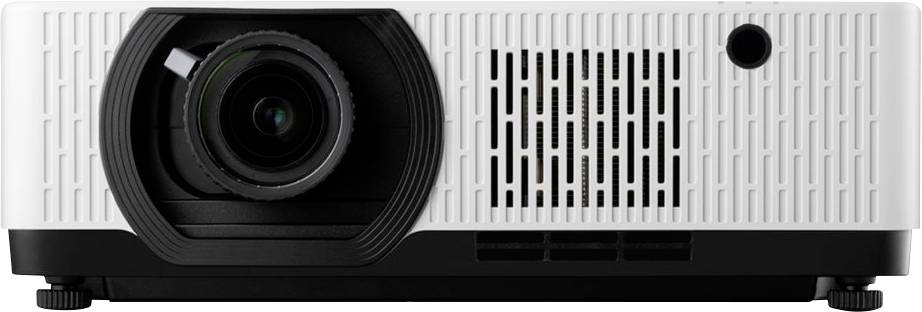 A front view of a white and black projector, showing the lens on the left and air vents on the right, used for presentations or movies.