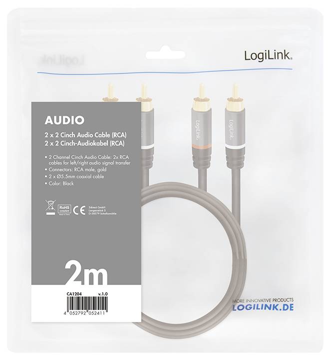 2m 2x2 Cinch (RCA) Audio Cable, black, for stereo audio signal transfer, compatible with various audio devices. Brand: LogiLink.
