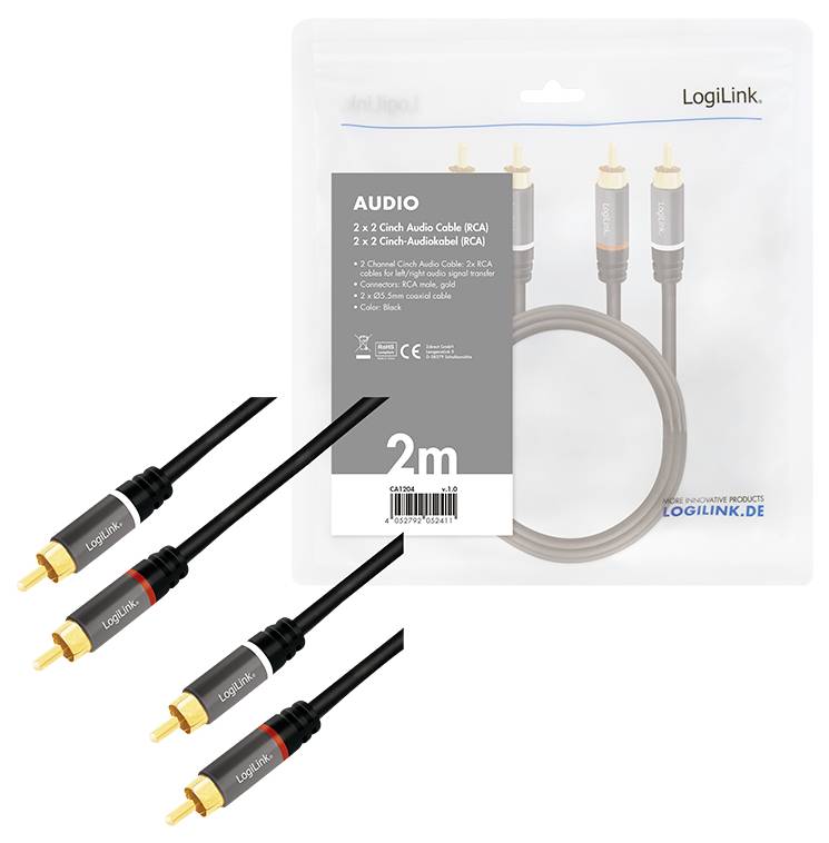 'LogiLink 2m RCA audio cable pack' showing dual gray cables with gold tips and black connectors, enclosed in transparent packaging.