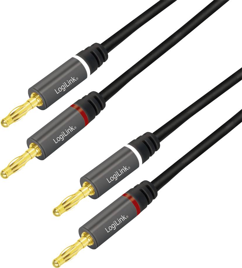 Three audio cables with gold-plated connectors and gray casing labeled 'LogiLink'. Two have red bands, one has a white band.