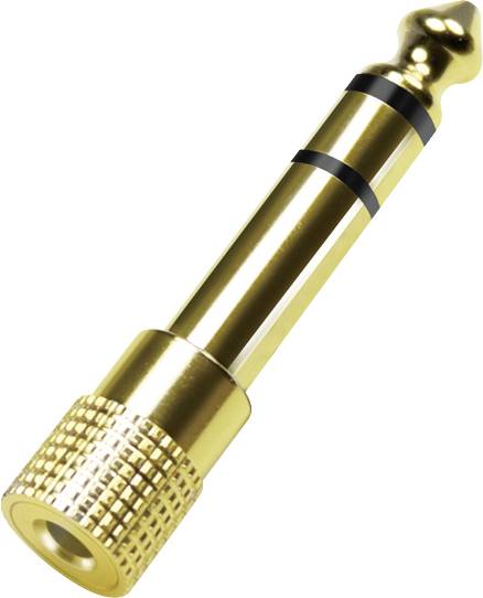 A gold 6.35mm audio jack adapter with black rings and a knurled grip, used to connect audio devices with different input sizes.