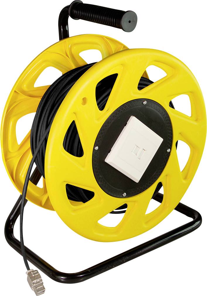 A yellow cable reel with a black handle and a coiled black cable, featuring a white socket plate in the center.