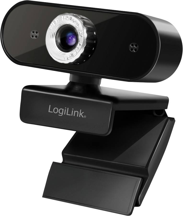 A black webcam with a central lens and two small holes on the sides sits on a clip mount. The brand name 'LogiLink' is on the base.