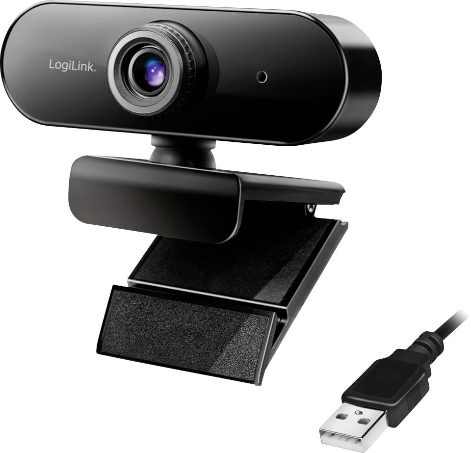 A black webcam with a built-in clip and a USB connector cable. The lens is centered with a circular design, suitable for video calls.