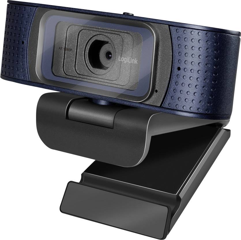 A black and blue computer webcam with a foldable base, suitable for clipping onto a monitor or placing on a desk.